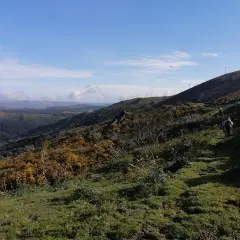 Senderismo en el monte Seixo, con molinos de viento en la cima y un valle verde al fondo.