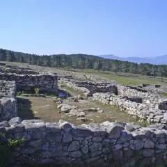 Ruinas del castro de San Cibrao de Las, con muros de piedra y un paisaje boscoso al fondo bajo un cielo azul.