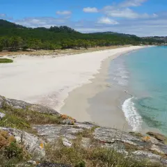 Vista panorámica de la playa del medio, con arena blanca, aguas turquesas y pinos verdes.