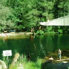 Puente colgante sobre río verde con gente bañándose y disfrutando del paisaje.