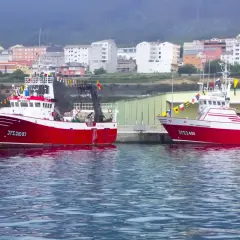 Dos barcos pesqueros rojos y blancos, listos para zarpar, adornados con banderas de gala. En el fondo, un pueblo costero con edificios de colores, evocando la tradición de la virxe da mariña.