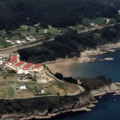 Vista aérea de casas con tejados rojos cerca de la playa de Sacido, rodeada de vegetación y el mar azul.