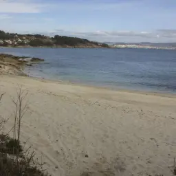 Arena dorada en la playa temperans, con el mar azul y una ciudad al fondo.