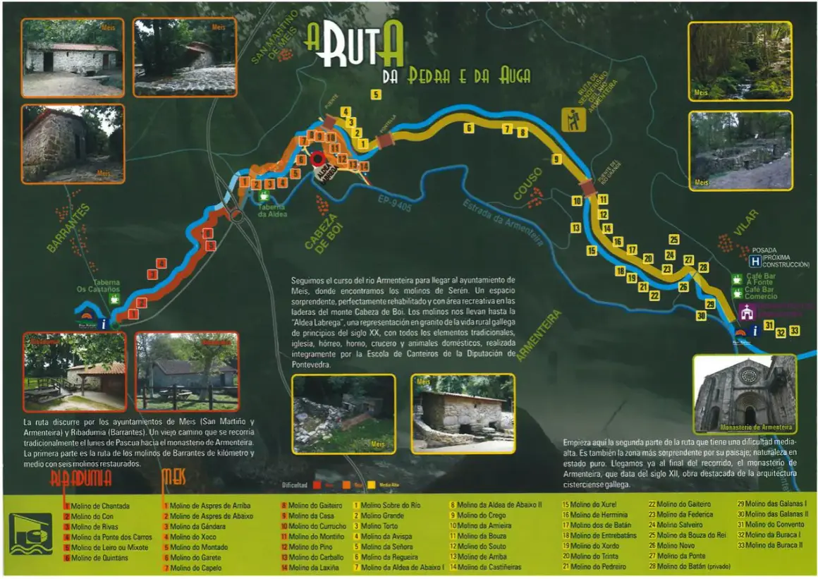 Mapa de la Ruta da Pedra e da Auga, con senderos, molinos y puntos de interés. Destaca la "pedra da auga" en el título.