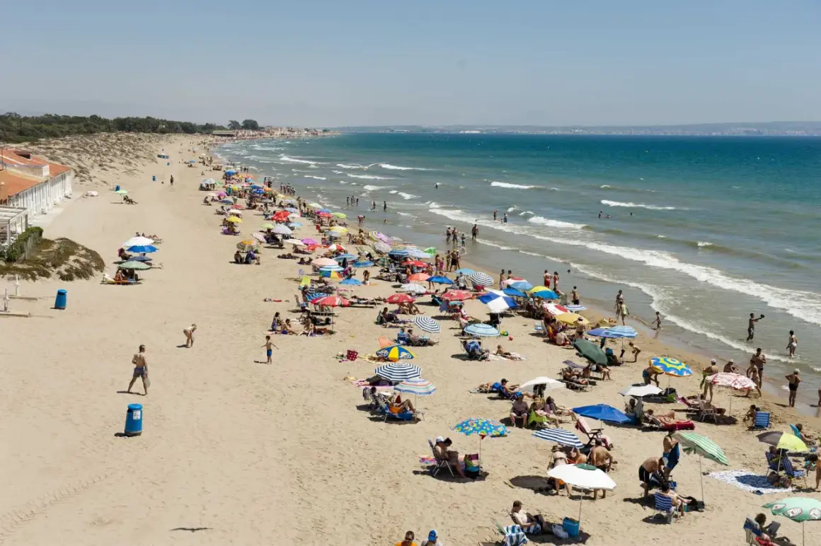 Gente disfrutando de un día soleado en las playas de la marina, con sombrillas de colores y el mar azul de fondo.