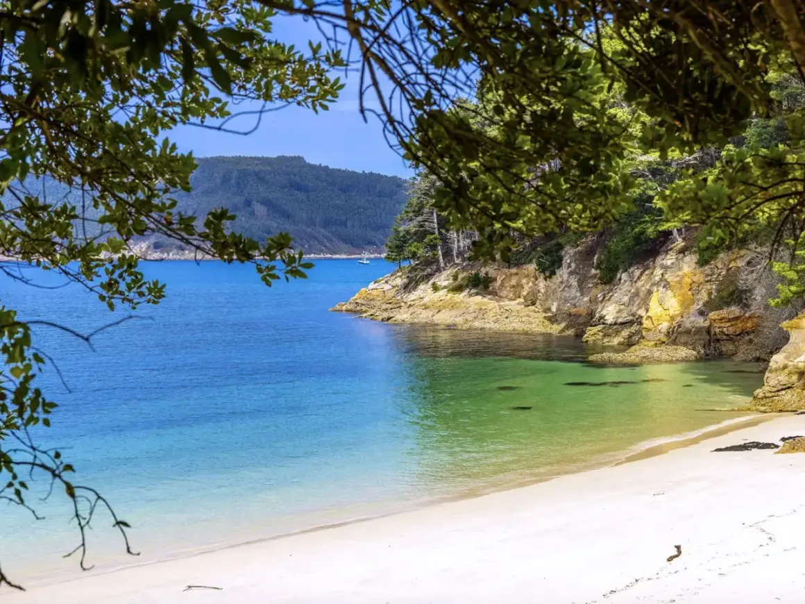 Playa caolín, una cala virgen de arena blanca y aguas turquesas, rodeada de acantilados y vegetación frondosa.