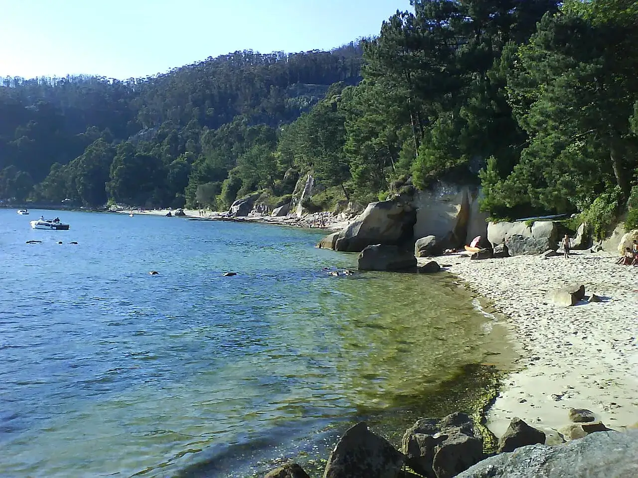 Aguas cristalinas y arena dorada en la playa Borna, rodeada de pinos y acantilados rocosos. Un día perfecto para disfrutar del mar.
