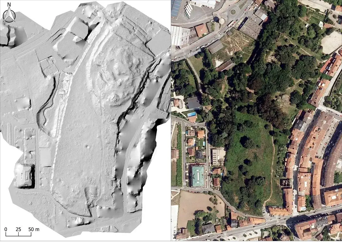 Comparativa de un modelo digital de elevaciones y una ortofoto aérea del castro alobre, mostrando el relieve y el entorno urbano.