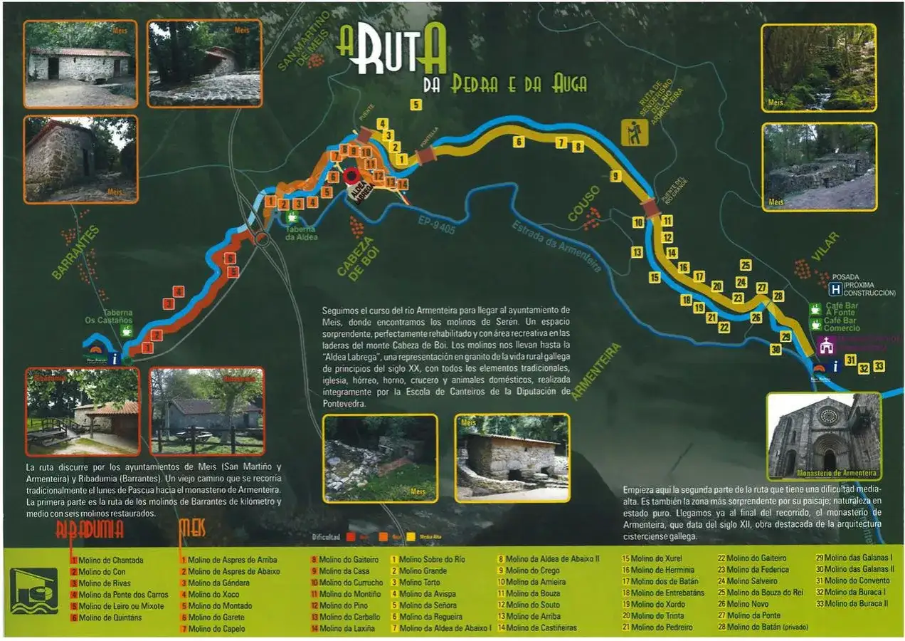 Mapa de la Ruta da Pedra e da Auga, con senderos, molinos y puntos de interés.