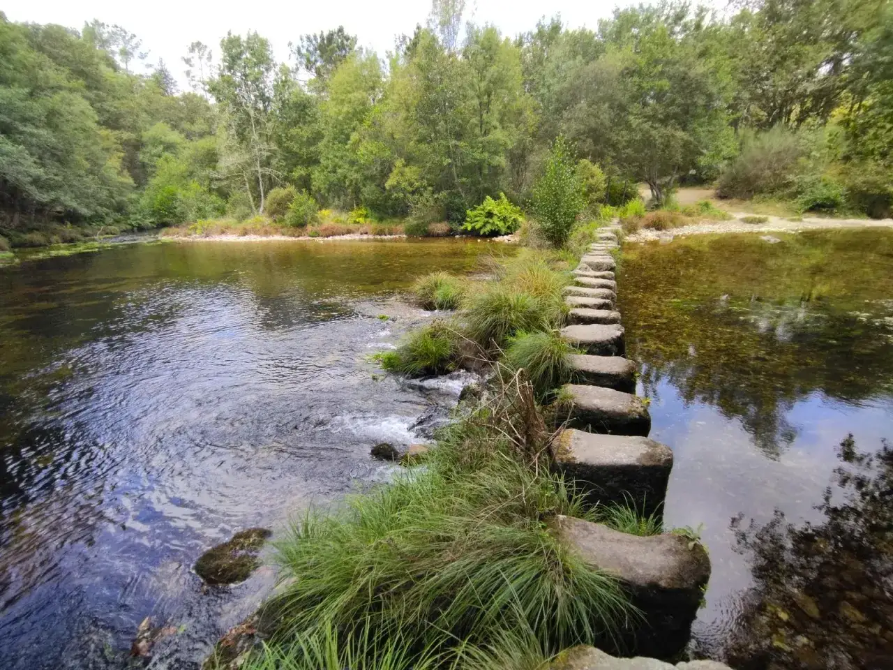 Un camino de piedras cruza el río en la playa fluvial de Mondariz, rodeado de vegetación exuberante y aguas cristalinas.