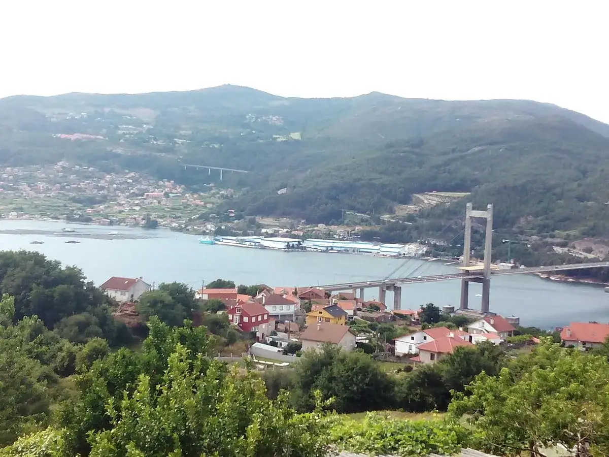 Vista desde el mirador del puente de Rande, con casas y vegetación en primer plano, y el puente cruzando la ría.